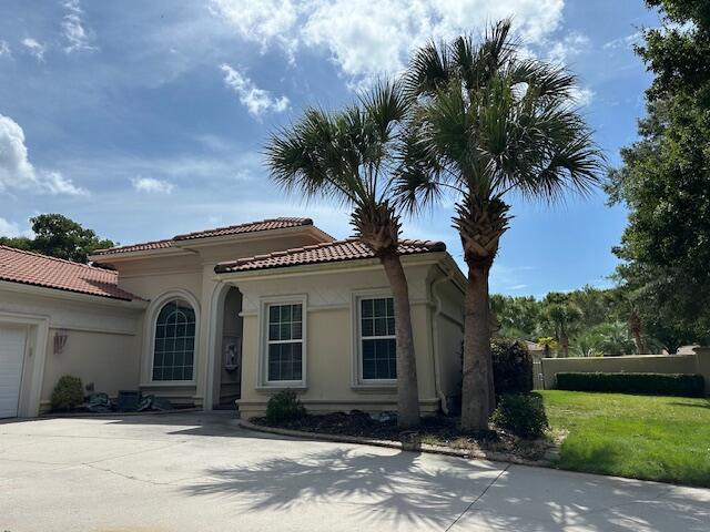 Mature palm trees installed at the entrance of a Mediterranean-style home in Myrtle Beach